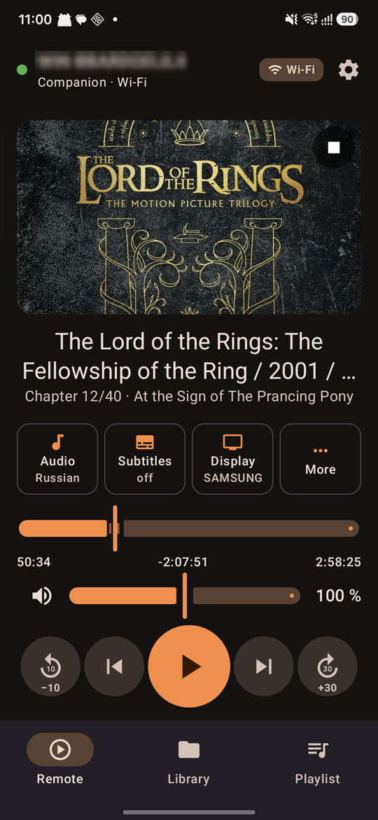 Remote screen with playback controls, tracks and chapters