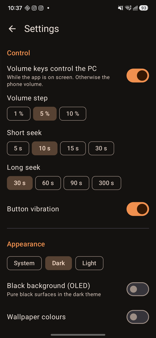 Settings: volume keys, seek steps, vibration, theme
